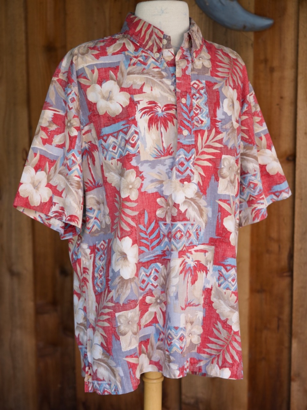 VTG Reyn Spooner 100% Cotton Blue/Red Hawaiian Print Button Down Shirt Men's XL